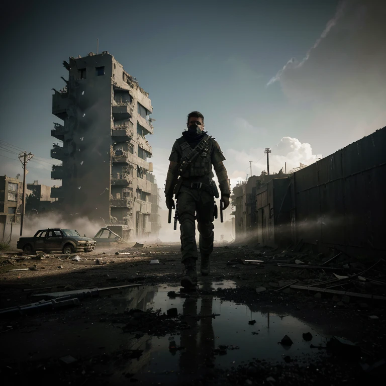 (best quality,4k,8k,highres,masterpiece:1.2),ultra-detailed,(realistic,photorealistic,photo-realistic:1.37),future dystopia,futuristic city,destroyed cityscape,anarcho-capitalist society,private military company,mercenary soldiers,military uniforms,dark and gritty atmosphere,post-apocalyptic,hauntingly beautiful landscape,dramatic lighting,abandoned buildings,rumble and wreckage,intense action,smoke and dust-filled air,weaponry,gunfire and explosions,desolation and despair,hopelessness,complex emotions on soldiers' faces,grim determination,tension-filled environment,fighting for survival,a sense of chaos and anarchy,black and white with pops of vibrant colors,gritty textures and details,dystopian architecture,high-tech weaponry,advanced technology seamlessly blended with ruins and decay,overgrown plants,reclaimed nature,mysterious and eerie atmosphere,moody and atmospheric,military helicopters in the sky,crumbling infrastructure and infrastructure,scattered propaganda posters and graffiti,hidden rebel hideouts,secret underground tunnels, street battles,shadows and silhouettes,reflection of the moon on shattered glass,contrast between light and shadow,impressive scale and grandeur,layers of history and stories within the city,commotion and chaos juxtaposed with calm and silence,sense of the unknown and hidden secrets,provocative and thought-provoking,visually captivating and emotionally evocative.