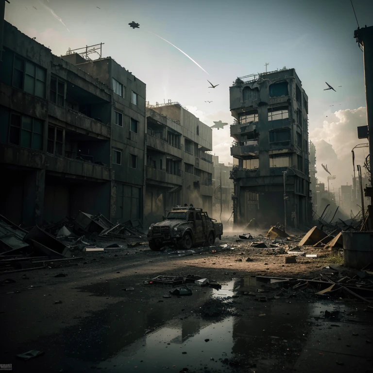(best quality,4k,8k,highres,masterpiece:1.2),ultra-detailed,(realistic,photorealistic,photo-realistic:1.37),future dystopia,futuristic city,destroyed cityscape,anarcho-capitalist society,private military company,mercenary soldiers,military uniforms,dark and gritty atmosphere,post-apocalyptic,hauntingly beautiful landscape,dramatic lighting,abandoned buildings,rumble and wreckage,intense action,smoke and dust-filled air,weaponry,gunfire and explosions,desolation and despair,hopelessness,complex emotions on soldiers' faces,grim determination,tension-filled environment,fighting for survival,a sense of chaos and anarchy,black and white with pops of vibrant colors,gritty textures and details,dystopian architecture,high-tech weaponry,advanced technology seamlessly blended with ruins and decay,overgrown plants,reclaimed nature,mysterious and eerie atmosphere,moody and atmospheric,military helicopters in the sky,crumbling infrastructure and infrastructure,scattered propaganda posters and graffiti,hidden rebel hideouts,secret underground tunnels, street battles,shadows and silhouettes,reflection of the moon on shattered glass,contrast between light and shadow,impressive scale and grandeur,layers of history and stories within the city,commotion and chaos juxtaposed with calm and silence,sense of the unknown and hidden secrets,provocative and thought-provoking,visually captivating and emotionally evocative.