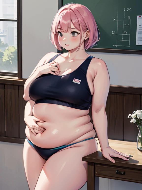 {Japanese slender beautiful girl}, obese girl, fat belly, fat arms, WeightObese, high resolution, best quality, {masterpiece}, ultra-detailed, {school swim suit}, caustics, detailed, cinematic lighting, pink short hair, no blash cheeks, school class room