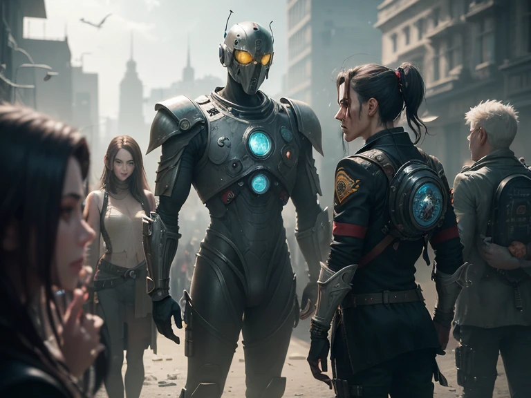 there are many people walking down the street in front of a giant robot, horde of zombies, film still promotional image, fabian wagner cinematography, rendering of the windigo, by Pascal Blanché, giant bugs, stillframe, shot on anamorphic lenses, 2019, from overlord, by Oscar Rodríguez Naranjo, sony pictures animation --auto --s2