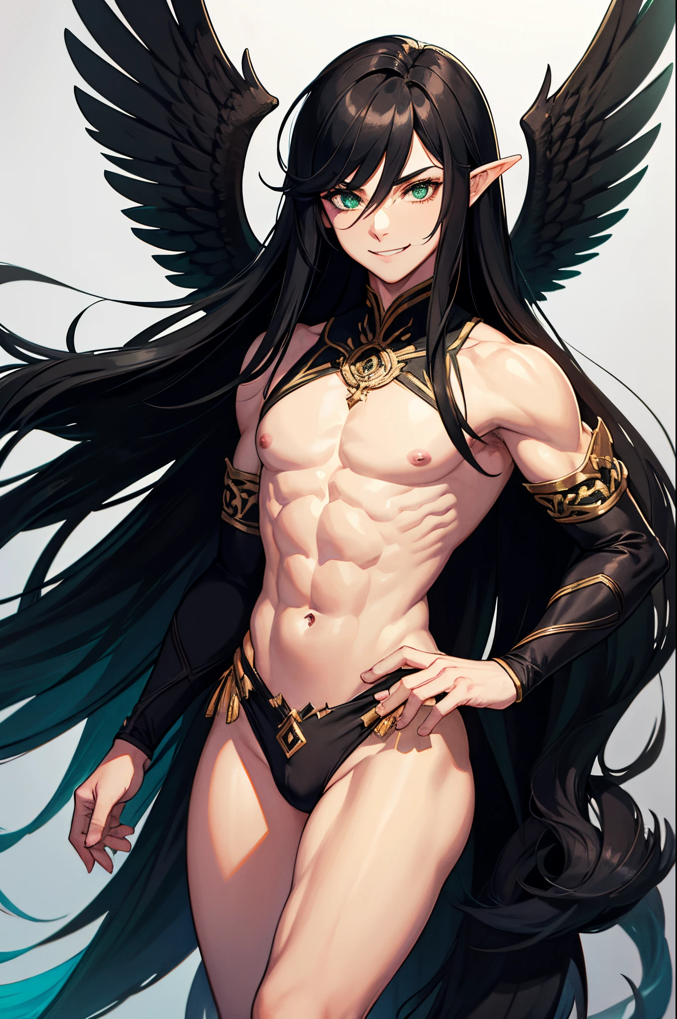 Black long hair, green eyes, dnd male halfling, wings on back, androgynous, full body portrait, flat chest, defined muscle, smiling, nsfw, bulge