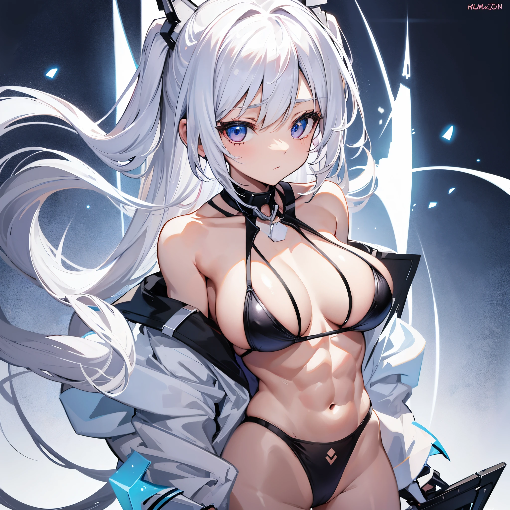 Petite, muscular, woman with muscles, huge chest pov, hentai, white hair, bikini