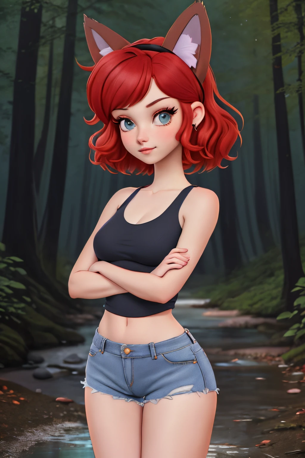 close up 1girl in, ager, Solo, vibrant red hair, straight red hair, short red hair, light gray eyes, some small freckles, pale skin, medium breasts, cleavage, runners body, (thin hips, thin waist: 1.25), (arched back:1.12), detailed skin, neutral face, pouting, revealing clothes, (wearing cropped tank top, blue jean shorts ripped, hair clip: 1.1), looking at viewer, (arms crossed: 1.22), (dark fox ears:1.25), (detailed magical forest background:1.1), creek, overlooking opening in forest, relaxing, 4k textures, soft light, elegant, highly detailed, sharp focus, soothing tones, insane details, intricate details, hyperdetailed, low contrast, exposure blend, hdr, faded