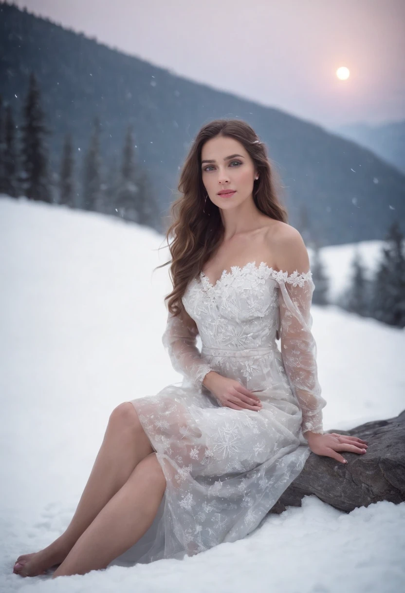 beautiful woman in a snowflake dress, full body, sitting through the snow on the mountain hills full moon at night