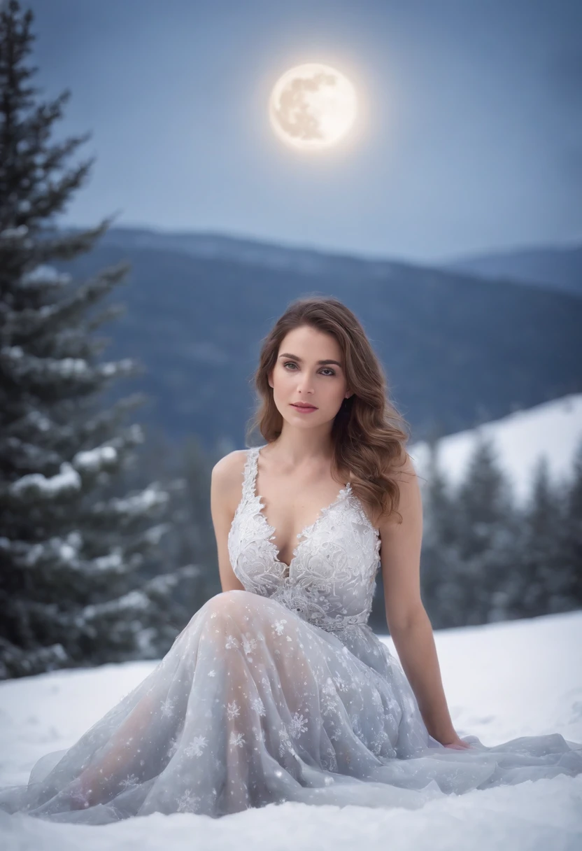 beautiful woman in a snowflake dress, full body, sitting through the snow on the mountain hills full moon at night