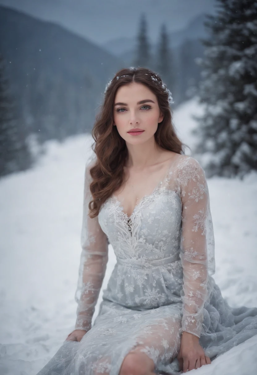 beautiful woman in a snowflake dress, full body, sitting through the snow on the mountain hills full moon at night