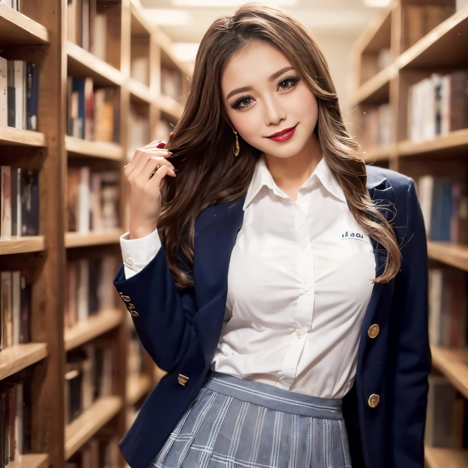 ((top-quality、masutepiece、8K、Top image quality))、(1 photo:1.5)、Highly saturated、1 schoolgirl、((Navy Blazer for Uniform、Wear a blazer unbuttoned、Uniform Shirt、pleatedskirt))、The happiest smile、View me、waved hair、The background is the library、Detailed bookshelf、Standing next to a bookshelf、Soft lighting in warm colors、lipsticks、long eyelashes、Perfect makeup、Emphasize body lines、large full breasts、(accurate ???????:1.3)、(perfect hair:1.2)、perfect book、Exact book、(perfect anatomia:1.3)