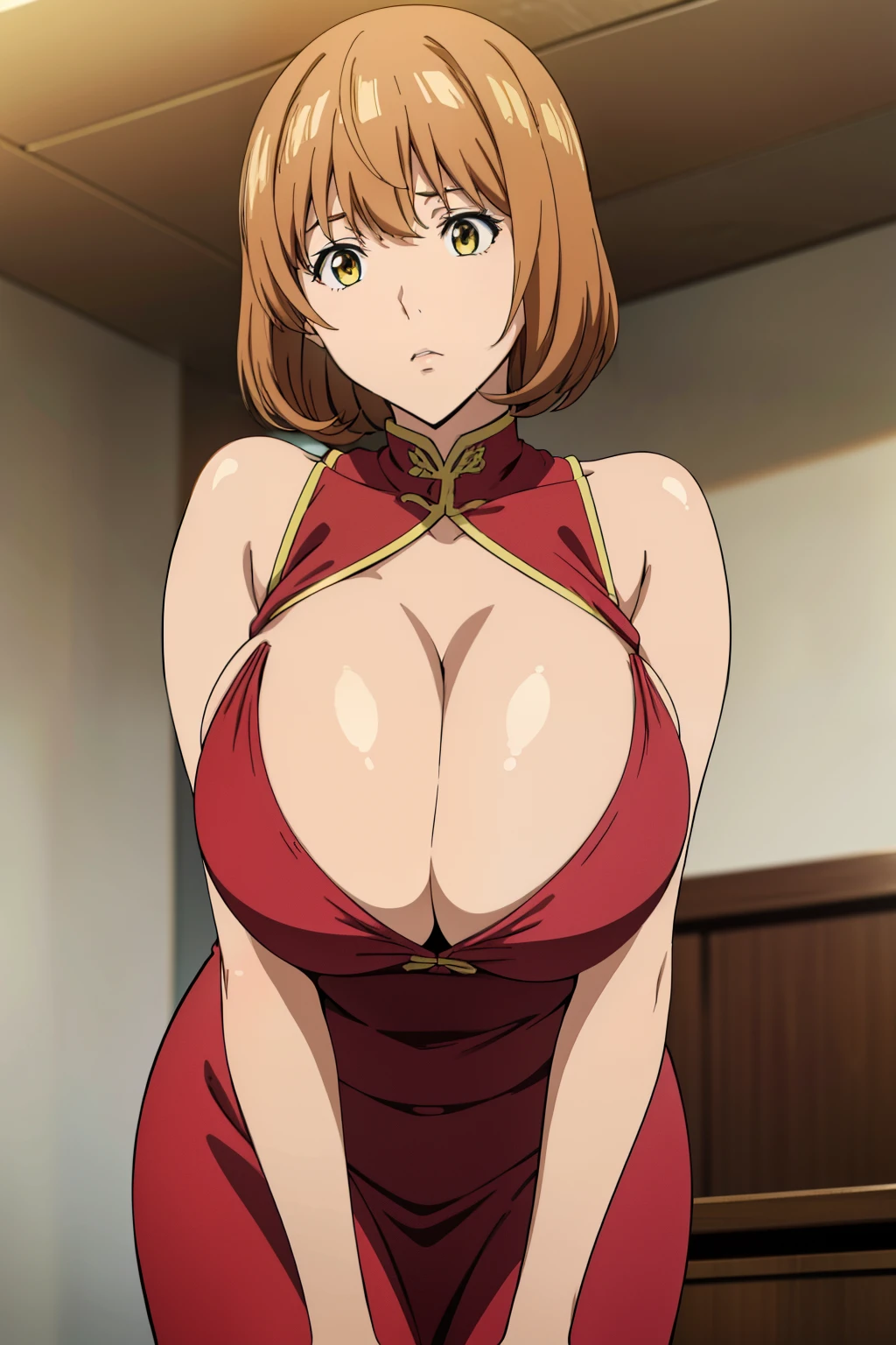 (Best Quality, masutepiece, High resolution, anime screen cap, anime colours), Brown hair, Yellow eyes, Yuriko Aoki, Embarrassed look, (large full breasts:1.5), The chest is open, cleavage of the breast, qipao dress:1.8, no-bra:1.5, Thin fabric, Slimed, Arms Down:1.3, Breast squeeze:1.5, Cowboy Shot, The composition of the sides:1.5, Bedrooms, (Perfect Anatomy, perfect detailed body, Eyes and hair in beautiful detail, Beautiful breasts and skin),