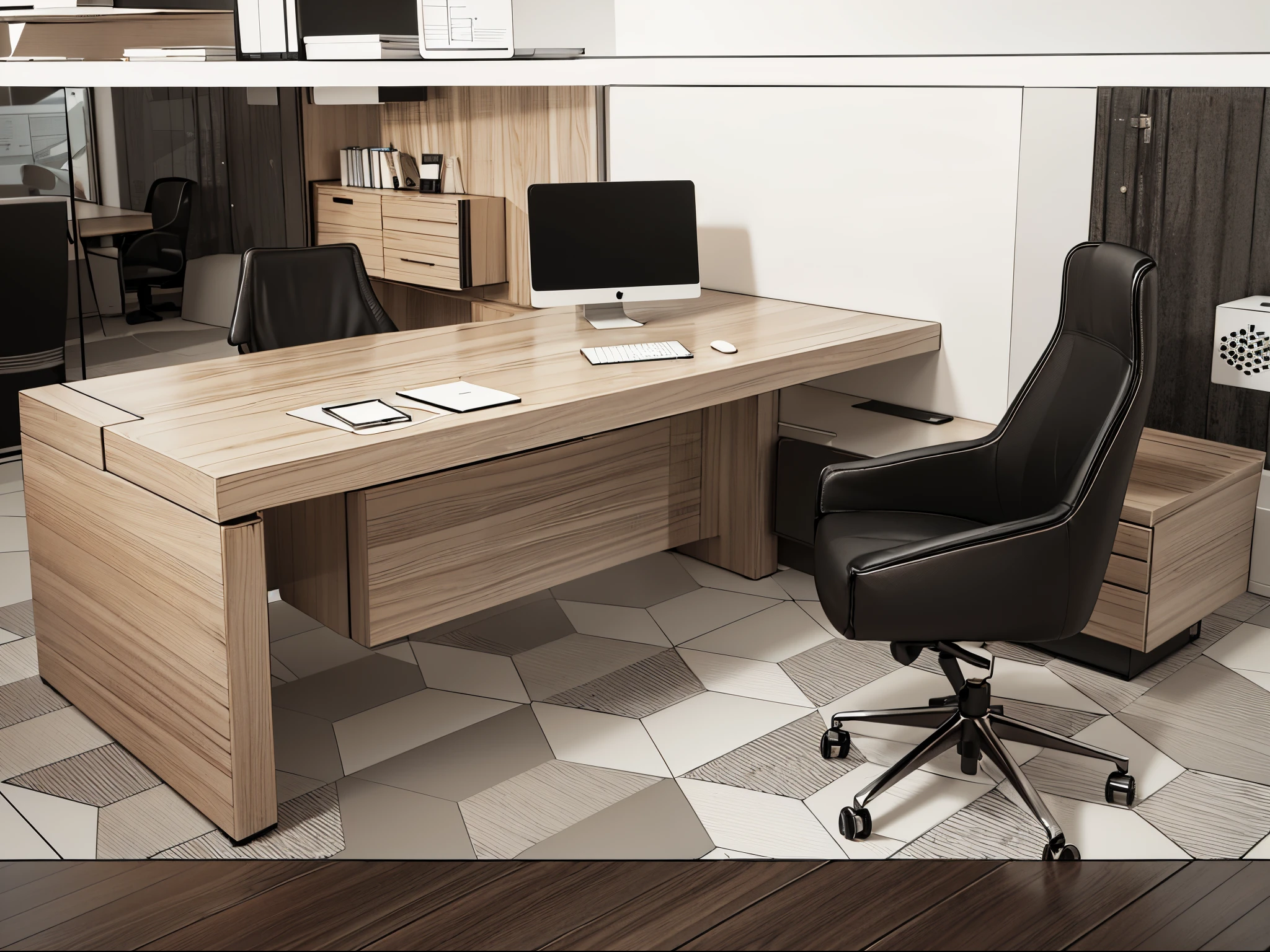 there is a desk with a chair and a computer on it, office furniture, desks, big desk, offices, tables, conceptual, designer furniture, aeron alfrey, full image, desk, motivational, minimalist desk, sitting behind desk, functional and elegant look, multiple desks, modern office, thumbnail, elegant furniture, office clothes