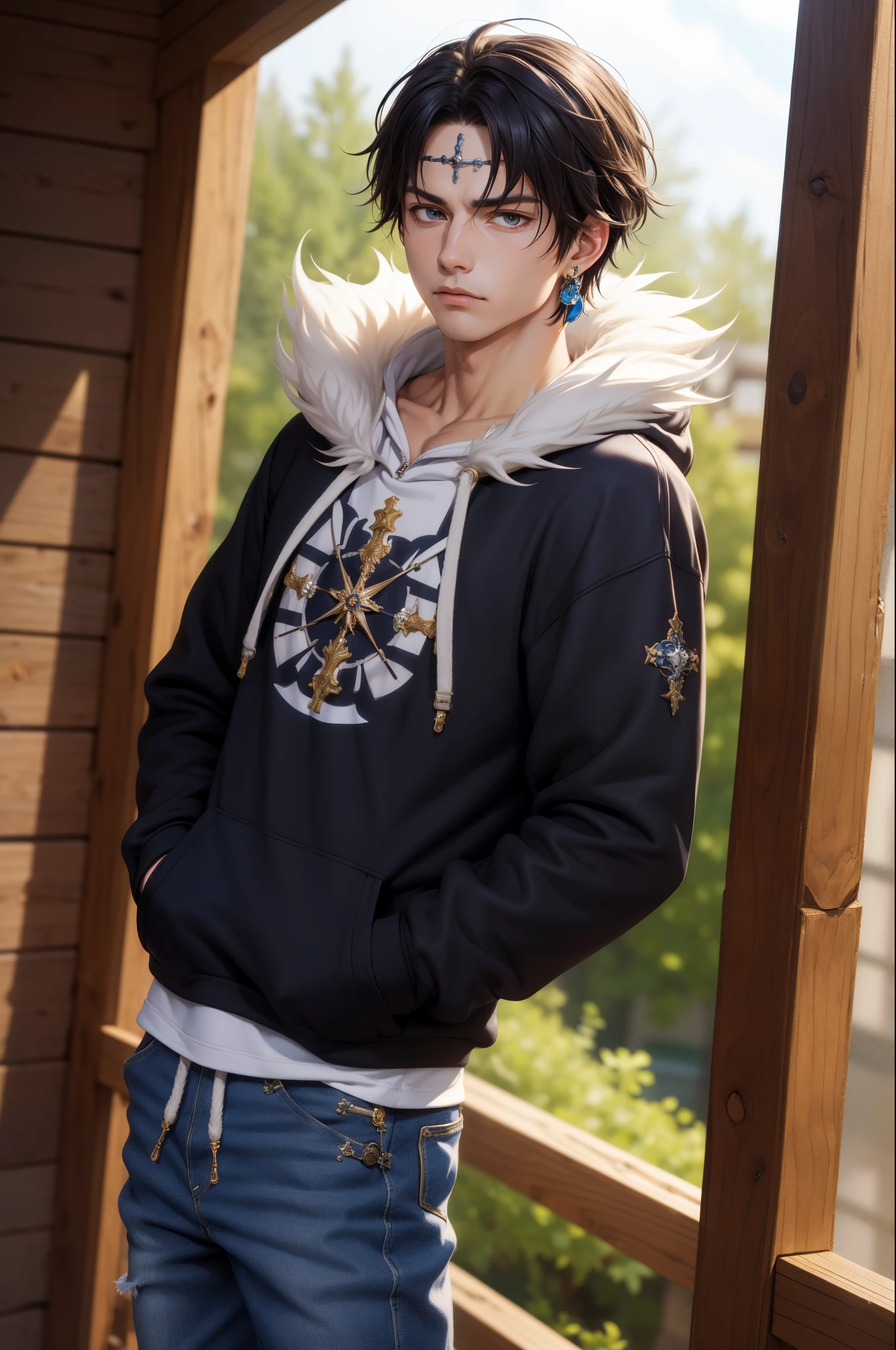 (masterpiece, best quality:1.2), cowboy shot, solo, male focus, 1boy, upper body, chrollo lucilfer, expressionless, closed mouth, hands in pockets, fur trim, wearing Streetwear Hoodie, dinamic lighting, jewelry