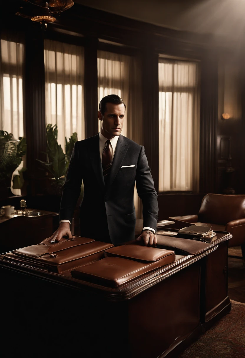 A brooding, dramatic photo of a vintage leather briefcase sitting on a dark mahogany desk,Mad Men TV Series,Don Draper, the enigmatic protagonist of the TV series “Mad Men,” is the epitome of 1960s advertising glamour with a complex and often mysterious persona. He is typically seen in impeccably tailored suits, symbolizing his high status in the advertising world and his attention to appearance as a tool for success. Draper’s classic, handsome features, characterized by a strong jawline and slicked-back hair, add to his charismatic yet inaccessible aura., male