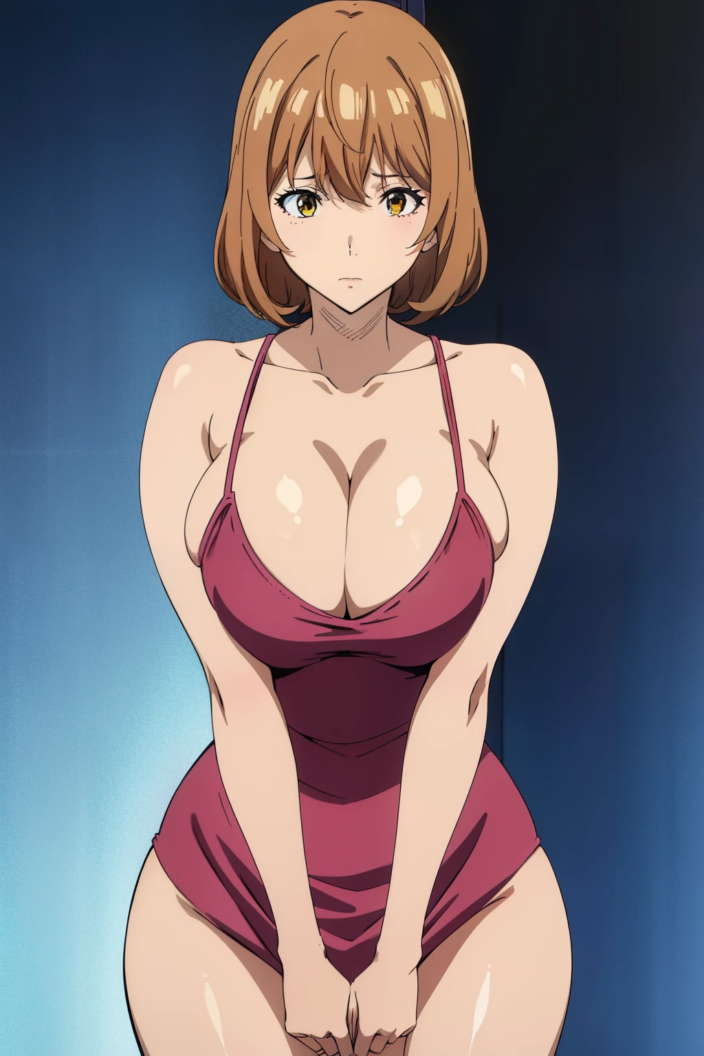 (Best Quality, masutepiece, High resolution, anime screen cap, anime colours), Brown hair, Yellow eyes, Yuriko Aoki, Embarrassed look, (large full breasts:1.5), cleavage of the breast, qipao dress:1.8, no-bra:1.5, Thin fabric, Slimed, Arms Down:1.3, Breast squeeze:1.5, sexypose, The composition of the sides:1.5, Bedrooms, (Perfect Anatomy, perfect detailed body, Eyes and hair in beautiful detail, Beautiful breasts and skin),