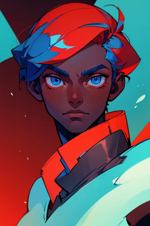 dark skin man, blue eyes, red hair