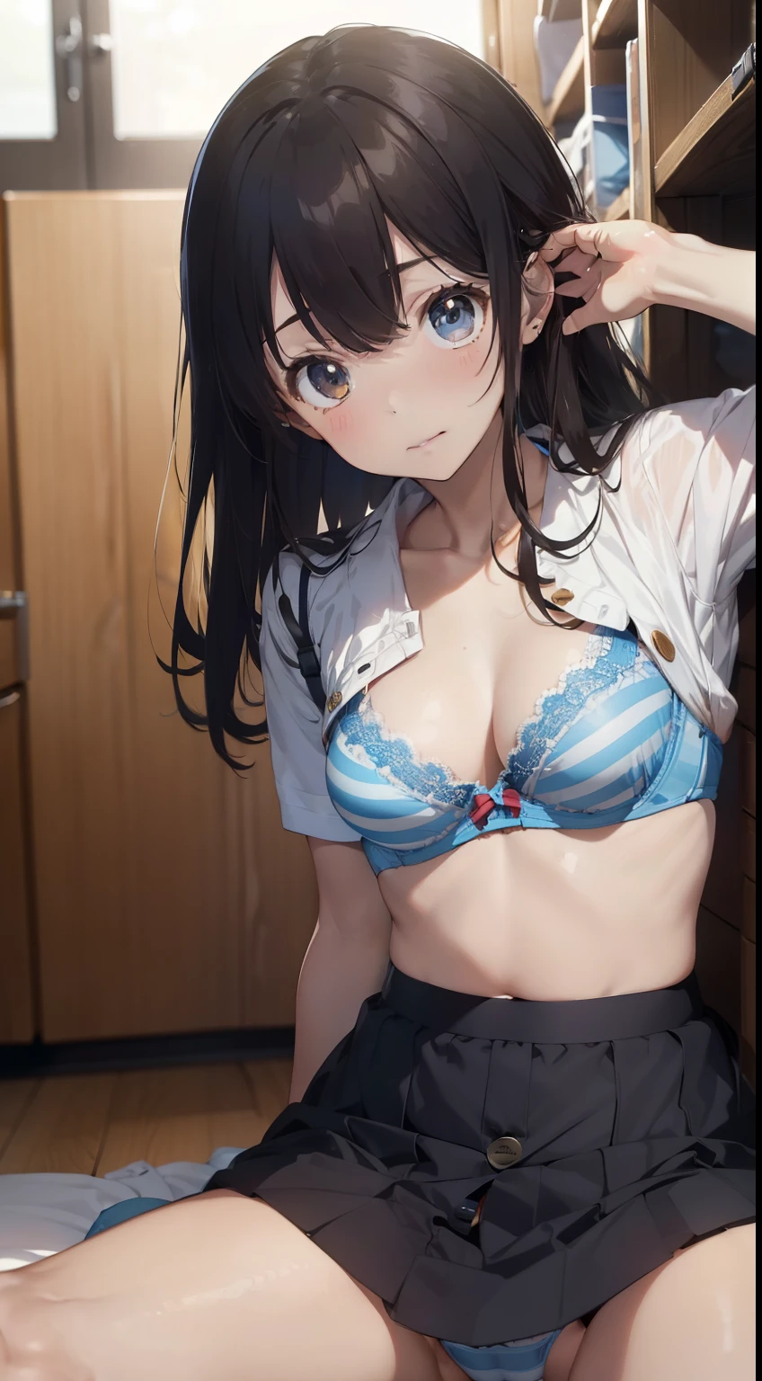 (​masterpiece), (８K quality), Looking at Viewer、A mischievous smile, {}, (High school girl uniform、a sailor suit),Random hair,, flat chest ,Light blue and white striped bra and panties,((((Open the button to show off your bra,)))),,((Lie down and open your legs,(Pull up your skirt to show off your panties ))),((dramatic  lighting)),