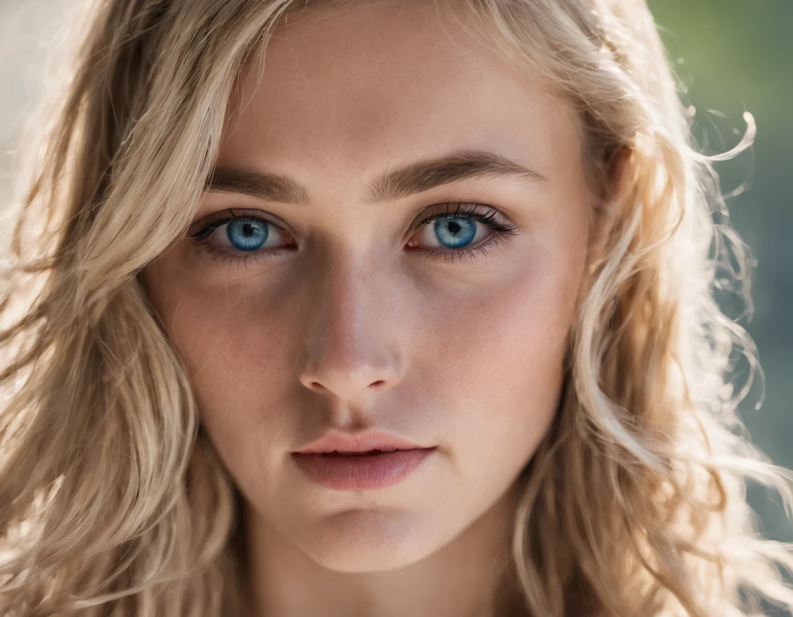 Une femme magnifique, Blonde, yeux bleus, mince, Visage ultra-réaliste, elle est située au centre de la photo, un halo lumineux autour d&#39;elle, en dessous c&#39;est écrit "CERISE, sa Majesté"