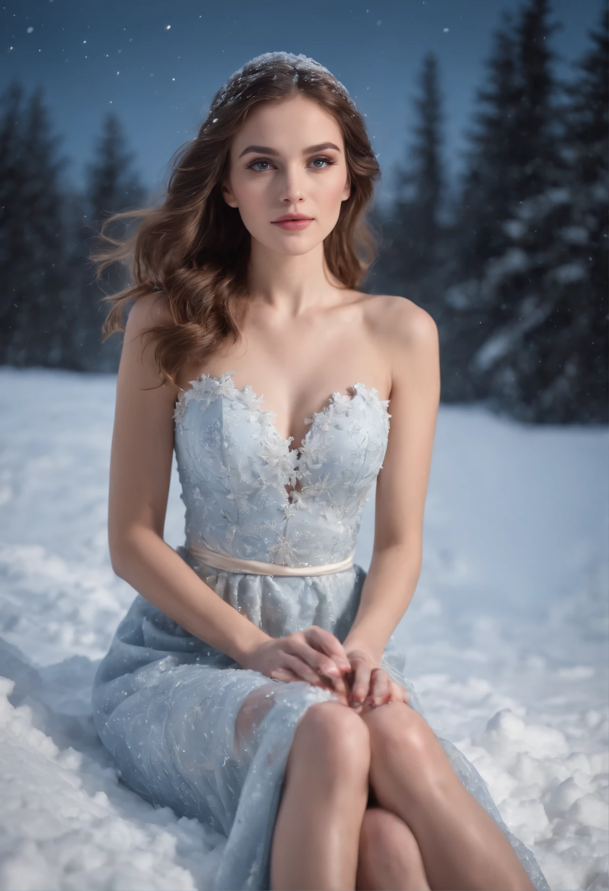 beautiful woman in a snowflake dress, high heels, full body, sitting through the snow on the mountain hills full moon at midnight