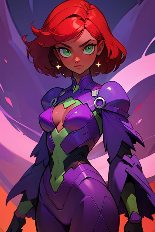 dark skin woman, green eyes, red hair, purple outfit