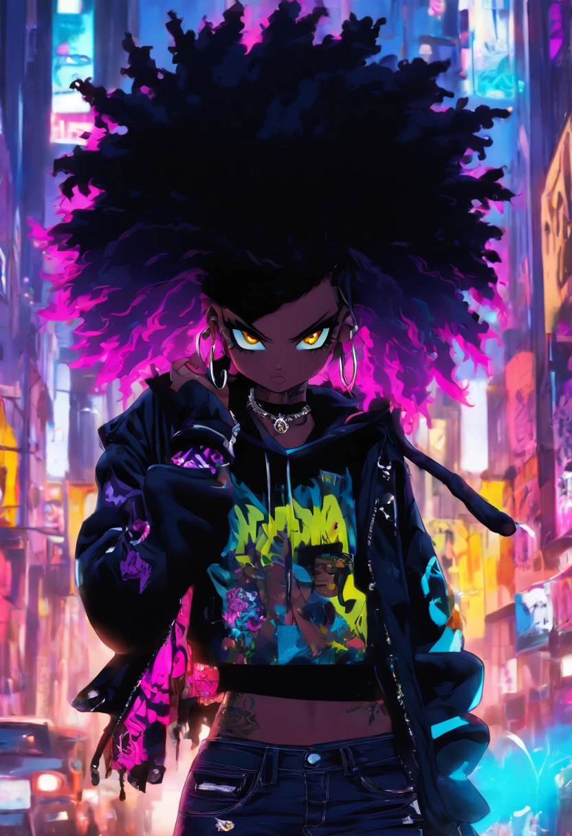 The most beautiful and sexy punk rock girl, black Afro, black and purple, blue hair, yellow eyes, dark skin, (full body concept), wearing a hoodie, Graphic design jacket and torn skinny jeans, tons of tattoos and piercings, Perfect masterpiece, high quality, High resolution, big tits