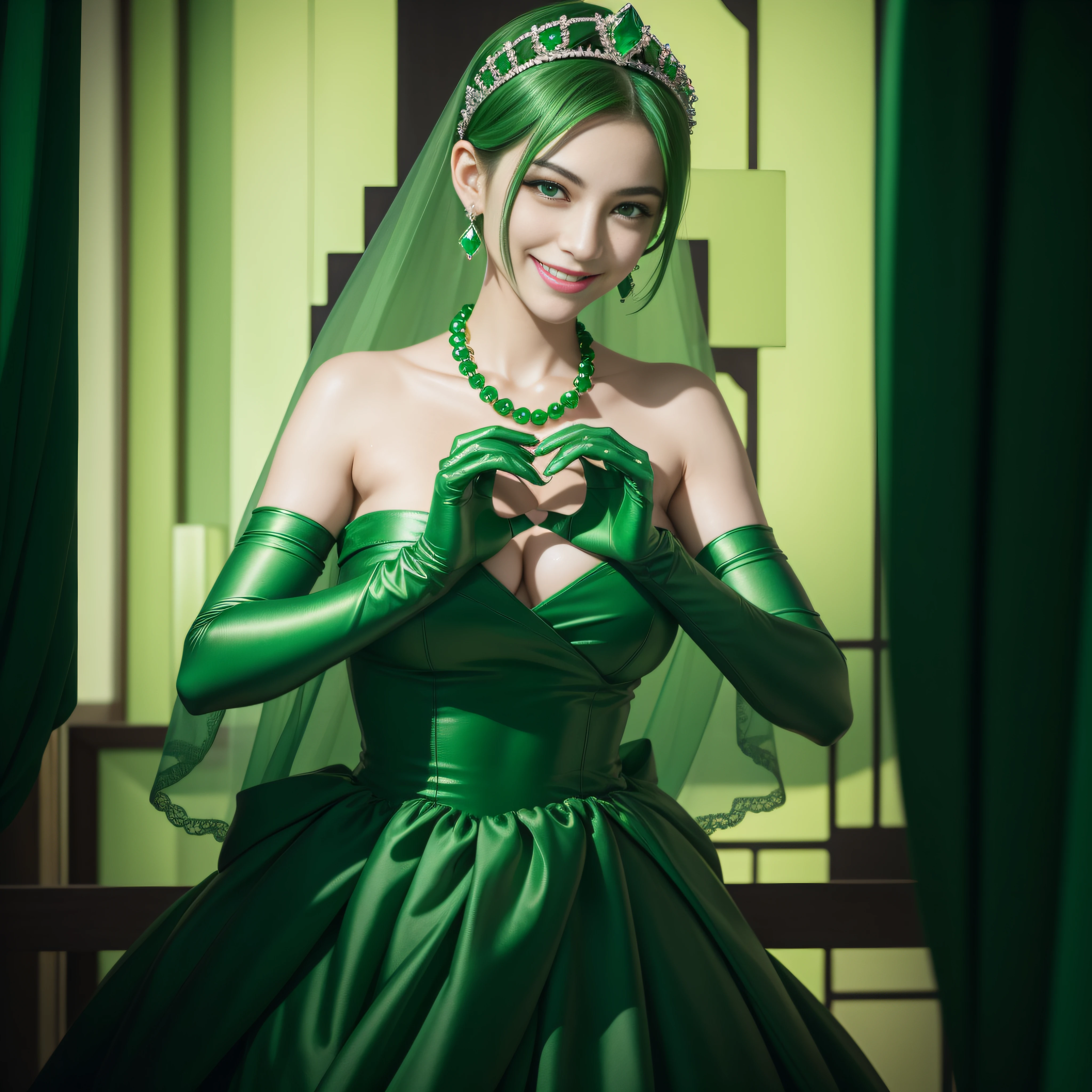 emerald tiara, Green Pearl Necklace, Boyish very short green hair, lipsticks, Japan woman smiling, very short short hair,  big breasts beautiful, Green eyes, Long green gloves made of satin material, Green eyes, Emerald Earrings, green vale, Heart with both hands