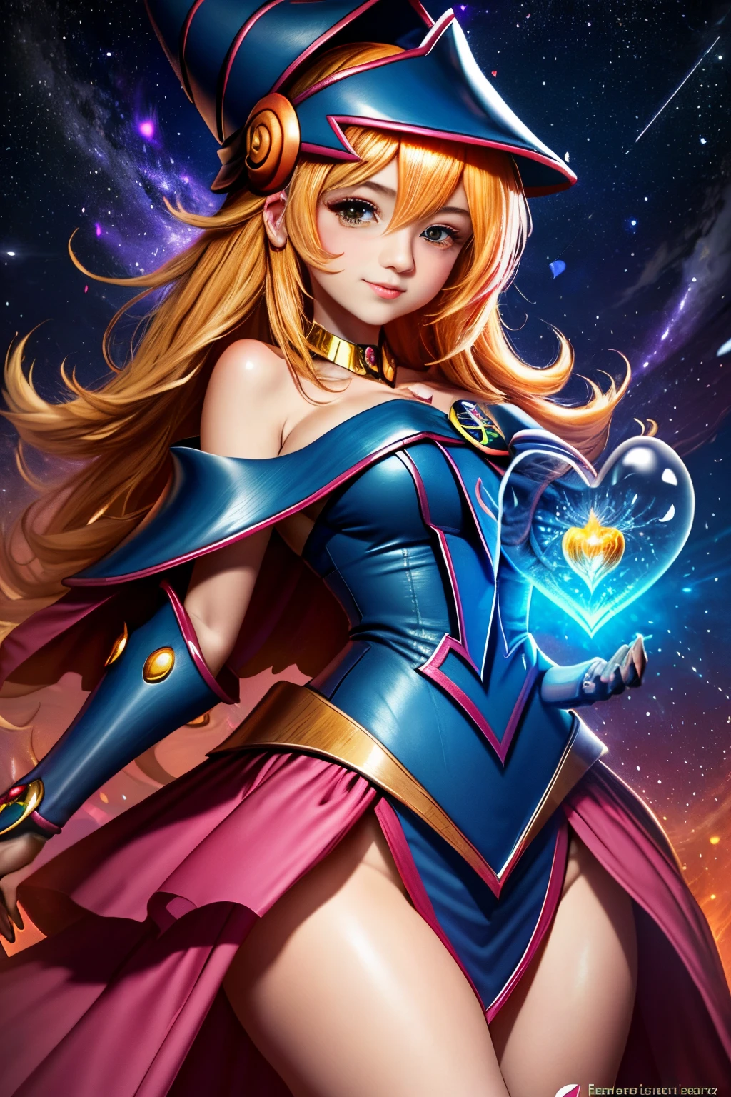 (tmasterpiece, Mejor calidad; 1.3), CG extremadamente detallado, Ultra - detallado, 1 chica Mago negro chica, solamente, smil, Mirando a Viewert, Cachorros elegantes, cabellos largos dorados, eOjos azules,
SV1, Uniforme de chica maga oscura,  guantes en el codo, Casco, Los marineros lideran a Rubio, Cintas rojas, collar naranja, Guantes blancos, jewely, de lo anterior,
multiple hearts, Enfoque de cara, Venus, Tornado, Fondos abstractos, heart storm, Hart&#39;s Lightning, heart bubbles, heart balls, Estrella de Halt, heart flower, heart light, The world of the heart, heartbackground, Antecedentes de la galaxia, Heart weapons, The halo of the heart, Magia. Black magician girl is hot