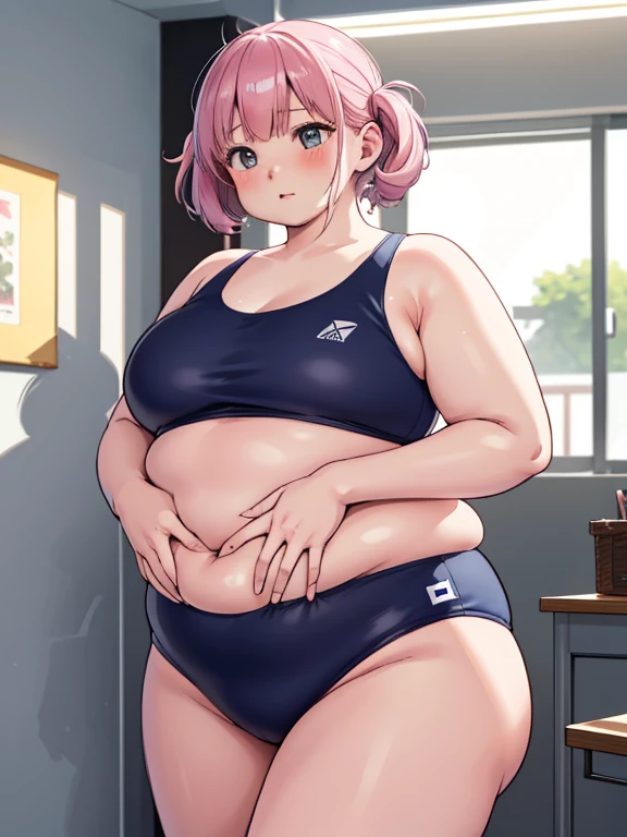 {Japanese slender beautiful girl}, obese girl, fat belly, fat arms, WeightObese, obese body, big cheeks, cute, high resolution, best quality, {masterpiece}, ultra-detailed, {school swim suit}, caustics, detailed, cinematic lighting, pink short hair, no blash cheeks, school class room, sexy pose