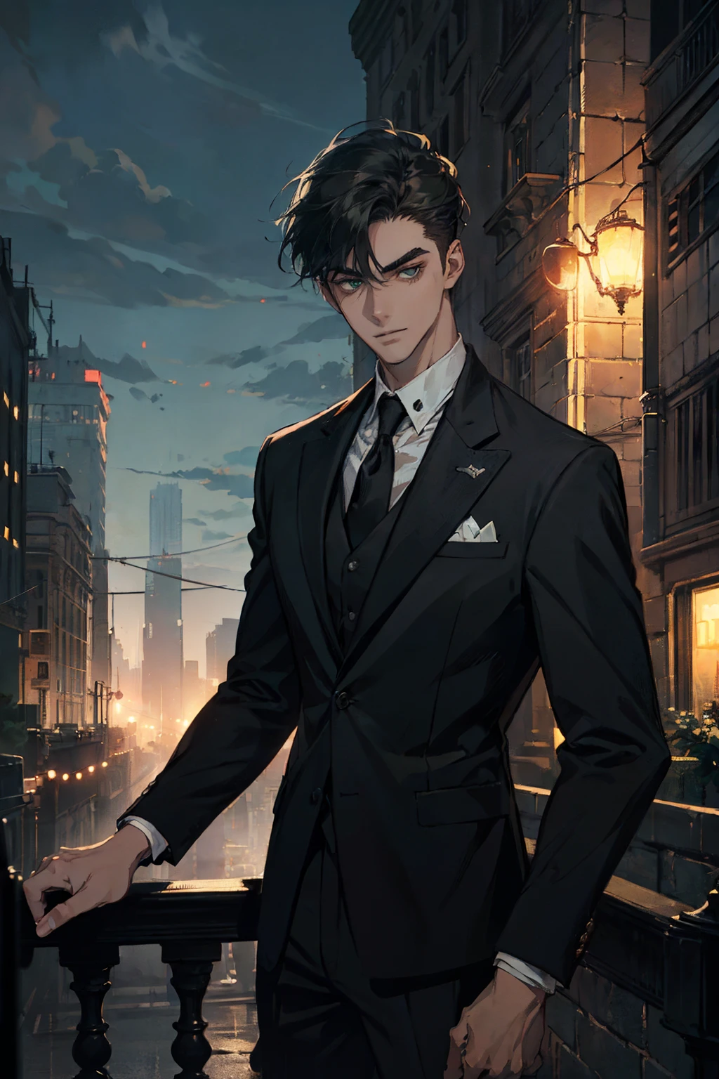 ((One young man with a black suit and tie)), gotham, alejandro, (((side swept dark short hair))), (dark green eyes and thick eyebrows), smirk, ((20 years old)), ((masterpiece)), posture dynamic, ((cinematic lighting)), (height tall around 5'6)