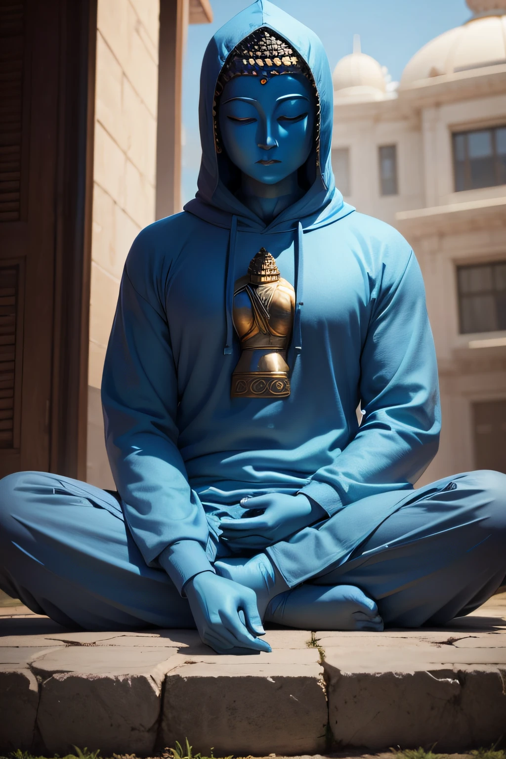 There is a blue Buddha statue facing the front and wearing a hoodie hood,Buddha, the buddha, buddhism, beautiful image,Buddha,Buddha