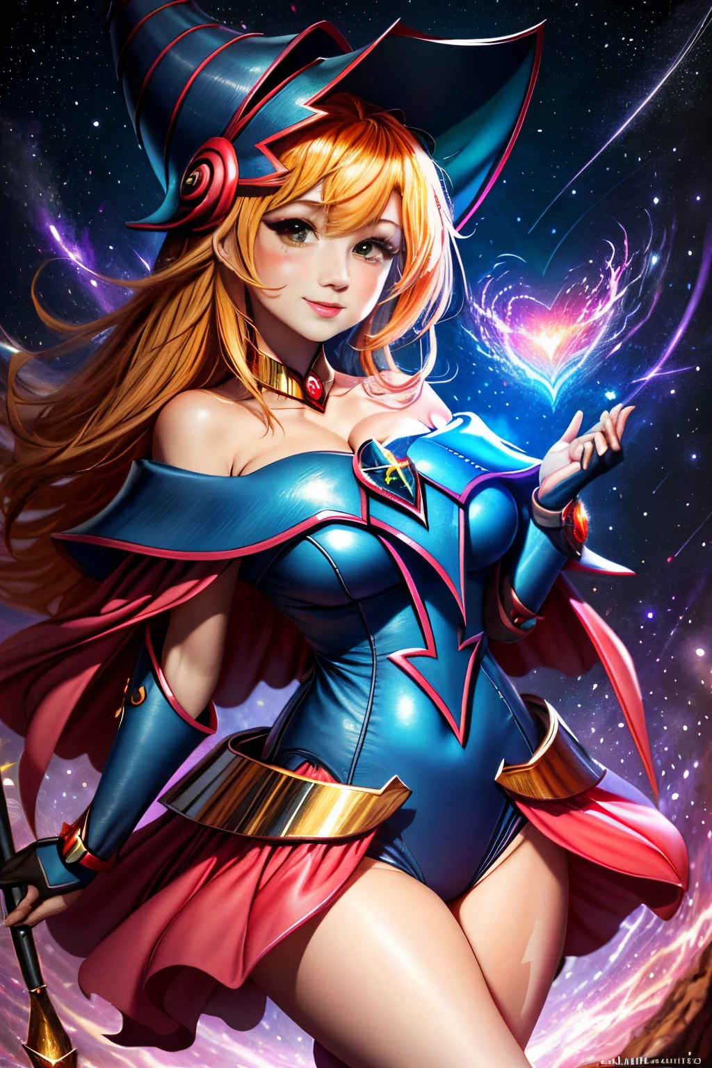 (tmasterpiece, Mejor calidad; 1.3), CG extremadamente detallado, Ultra - detallado, 1 chica Mago negro chica, solamente, smil, Mirando a Viewert, Cachorros elegantes, cabellos largos dorados, eOjos azules,
SV1, Uniforme de chica maga oscura,  guantes en el codo, Casco, Los marineros lideran a Rubio, Cintas rojas, collar naranja, Guantes blancos, jewely, de lo anterior,
multiple hearts, Enfoque de cara, Venus, Tornado, Fondos abstractos, heart storm, Hart&#39;s Lightning, heart bubbles, heart balls, Estrella de Halt, heart flower, heart light, The world of the heart, heartbackground, Antecedentes de la galaxia, Heart weapons, The halo of the heart, Magia. Black magician girl is hot