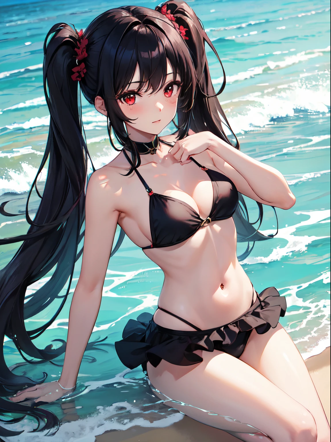 1girl, red eyes, black long hair, black bikini, medium breasts, sea, beach, small mole on chest, thighs