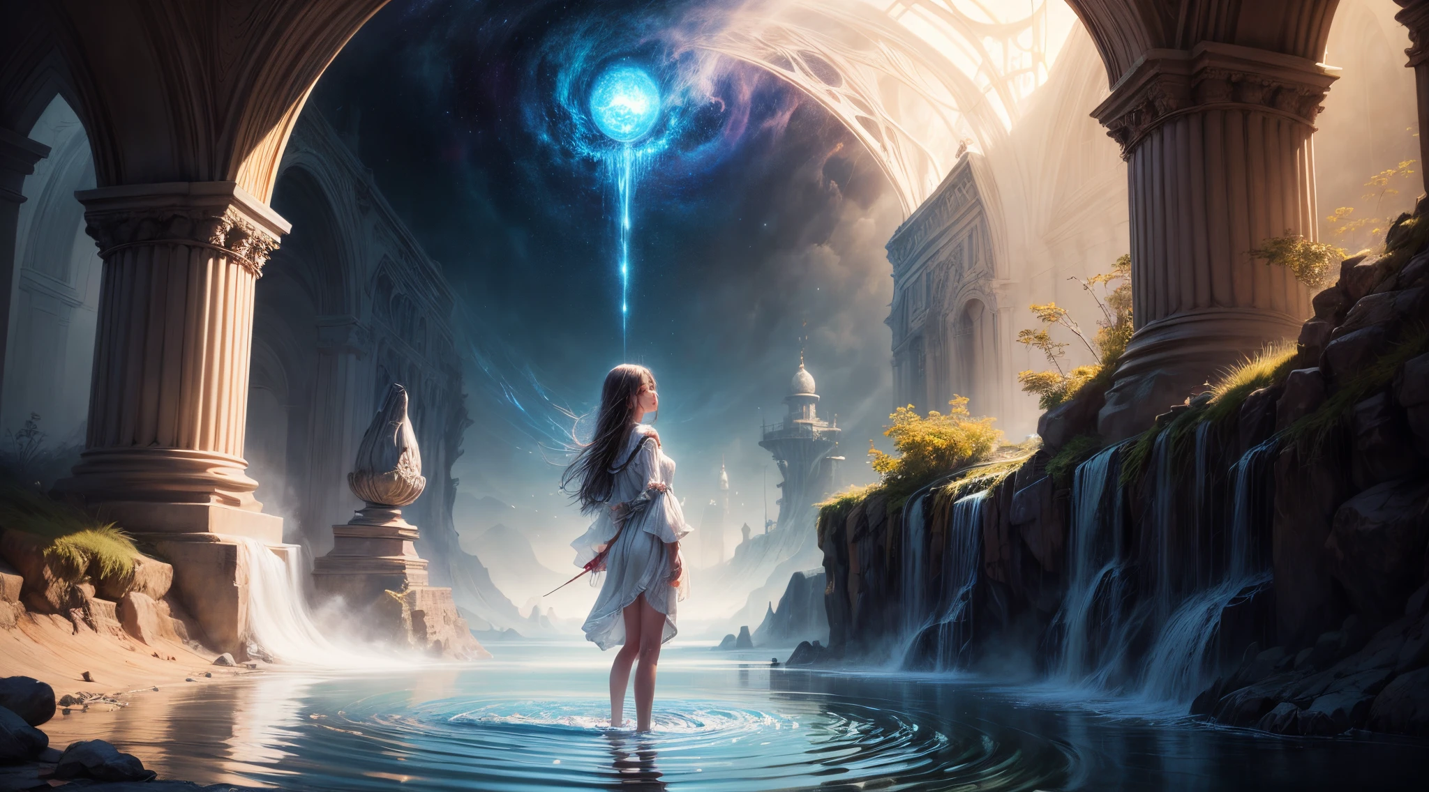 Painting: An enchanting artwork portraying a girl wearing silk, standing at the edge of a mystical pool, surrounded by swirling enchantments, with the distant planet casting an ethereal light upon her.
