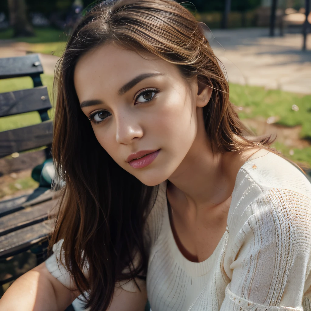 Beautiful Irish woman,sitting,on a park bench,beautiful detailed eyes,beautiful detailed lips,extremely detailed eyes and face,long eyelashe,3D rendering,ultra-detailed,photorealistic,highest quality,portrait,soft and warm colors,natural lighting