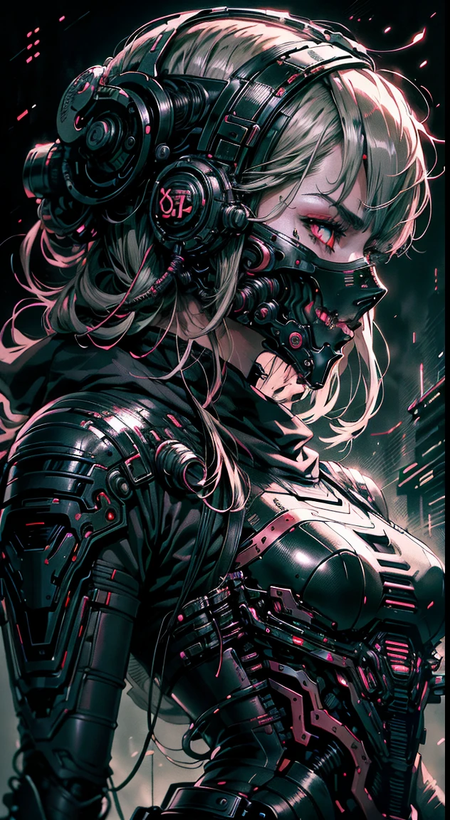 anime style from 80's, (woman in sci-fi armor, dark red-gray armor), style of junji ito, sweat under the eyes, Ink sketch, monochrome with two colors, Armored tubes and wires, Complex background, dark pattern with black gradients, style of junji ito, Ghost in the Shell, small key, low contrast