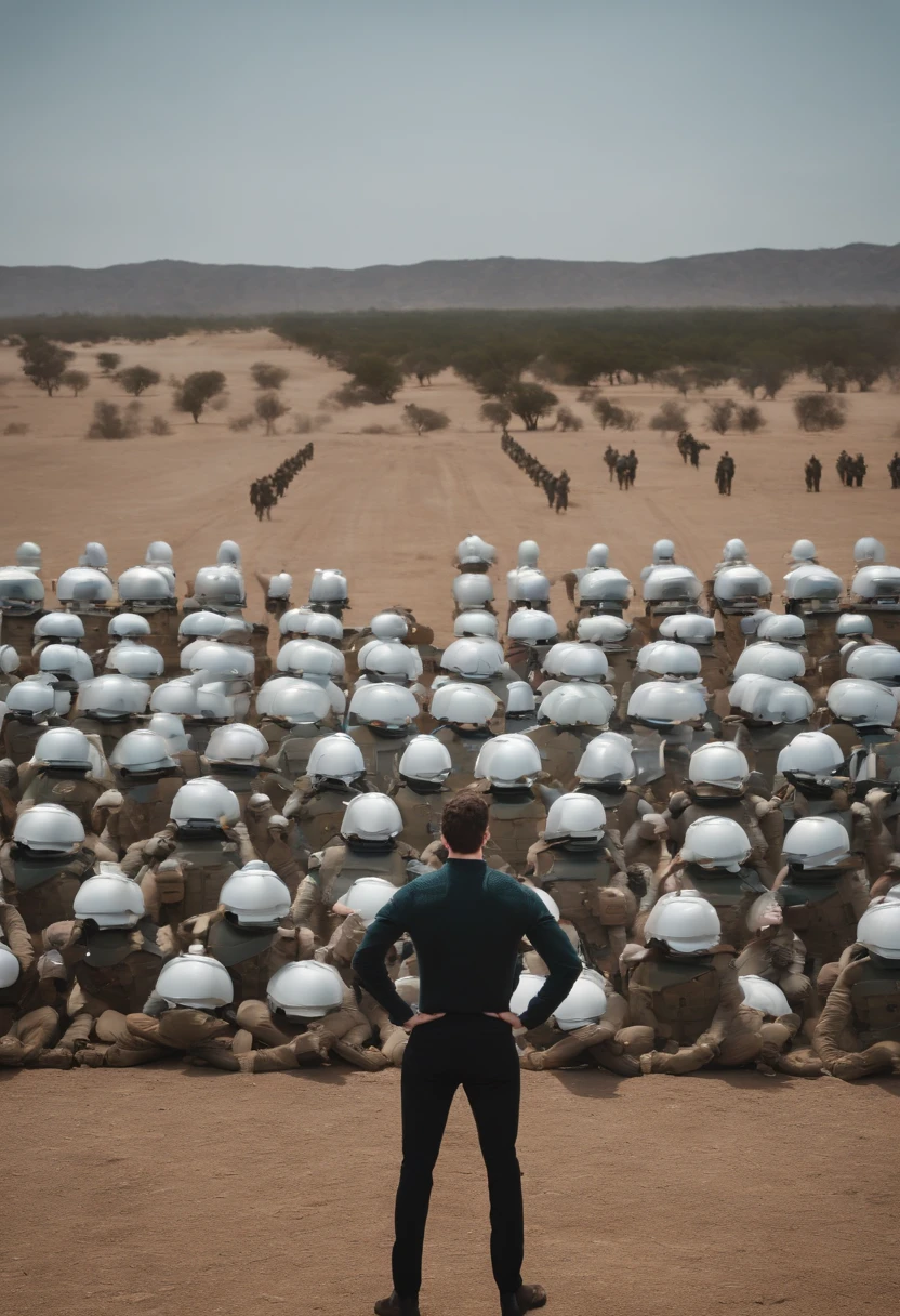 A photo of Sam Altman standing in front of a massive AI-controlled army, with the troops lined up in perfect formation,original,Sam Altman, male