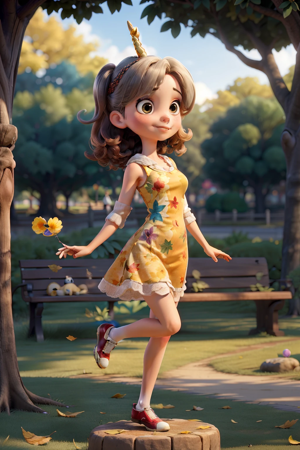 menina pequena, ((cabelo longo loira)), cabelo ondulado, on top of a park bench, balancing on one foot, holding a unicorn balloon, usando vestido de flores, parque de fundo desfocado, Leaves falling from the trees, luz do sol de cima, luz passando entre os galhos ((obra de arte)), ((best quality)), ((master part)), (circunstanciado), rosto perfeito, nariz perfeito