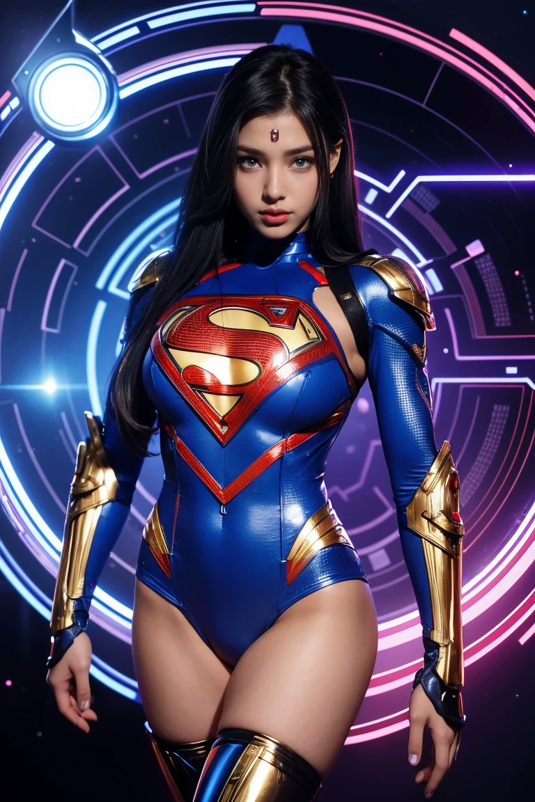 Young sexy Nubian female cybernetic superman, with electronic themed eyes, wearing elegant ornate cybernetic armor, wearing cybernetic boots, with superman symbol, cybernetic skin, surrounded by electronic circuits, cybernetic theme, sexy pose