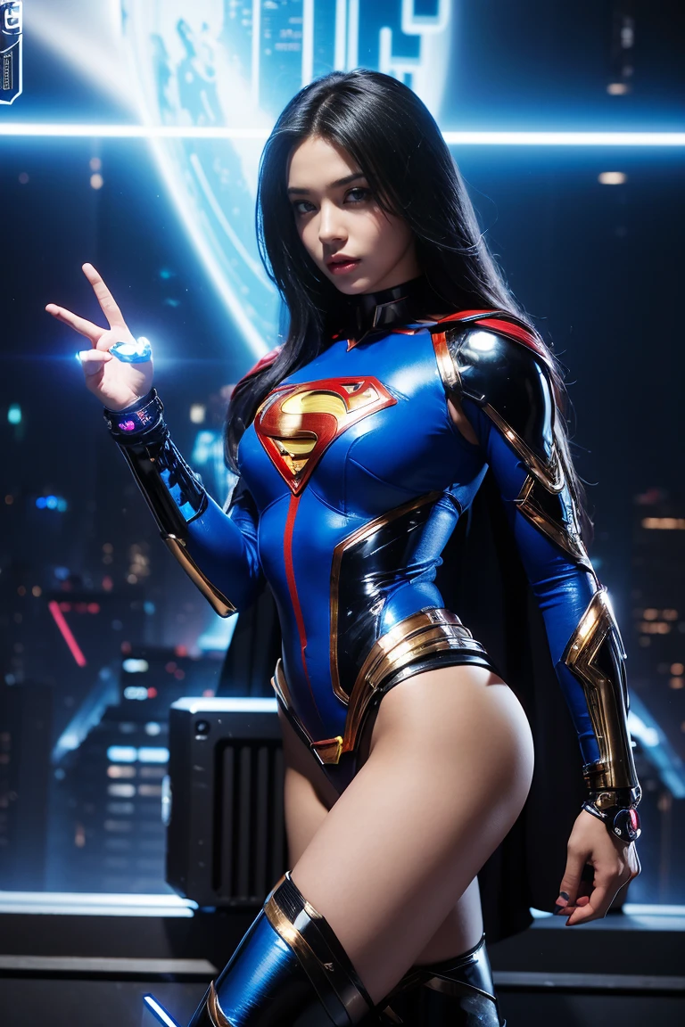 Young sexy Nubian female cybernetic superman, with electronic themed eyes, wearing elegant ornate cybernetic armor, wearing cybernetic boots, with superman symbol, cybernetic skin, surrounded by electronic circuits, cybernetic theme, sexy pose