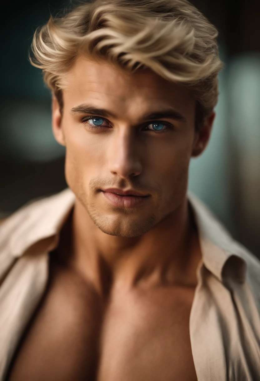 1 man, Beautiful eyes and face details, shirtless, nice body and defined muscles, best quality, blonde hair, blue eyes, Close-up, toned body, (male model) warm skin, master piece, Best qualities, Older man beautiful in the world, tattoo with superman symbol,