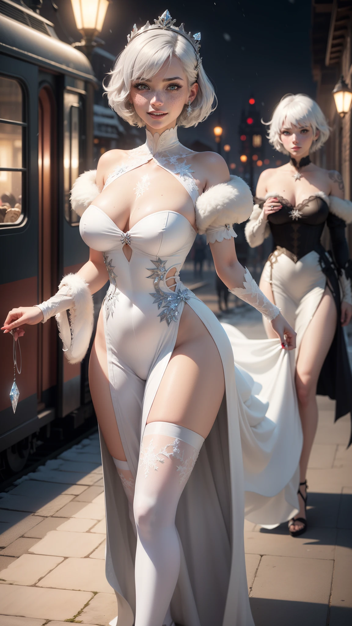 gwen tennyson,tracer,y'shtola rhul,yorha 2b,rebecca chambers,nier automata,atelier ryza,close up,christmas village,tattoos,white plugsuit,white short sleeve crystal leotard,silver embroidery long white crystal gown dress,red embroidery crystal corset,short hair,princess makeup,blue glowing eyes,multicolored silver hair,sexy smile,freckles,beautiful girl,large breasts,white stockings,8k,ultra detailed,realistic,fantasy art,crystal armor,fur armor,winter princess dress,long dress train,red snowflake crown,ear piercings,crystal hand and neck jewelry,walking,(weather:snowflakes falling),