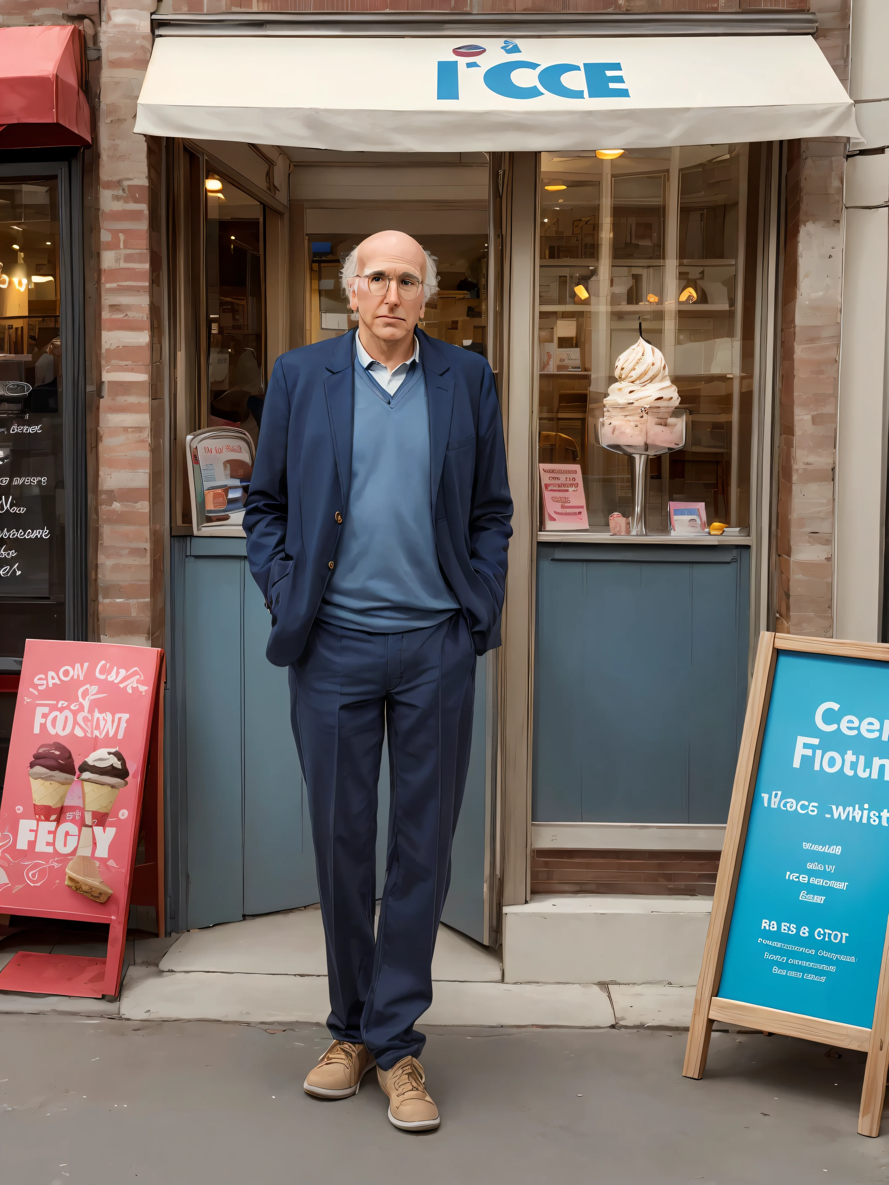 larrydavid, 1man, male focus, standing, outside an ice-cream parlour,