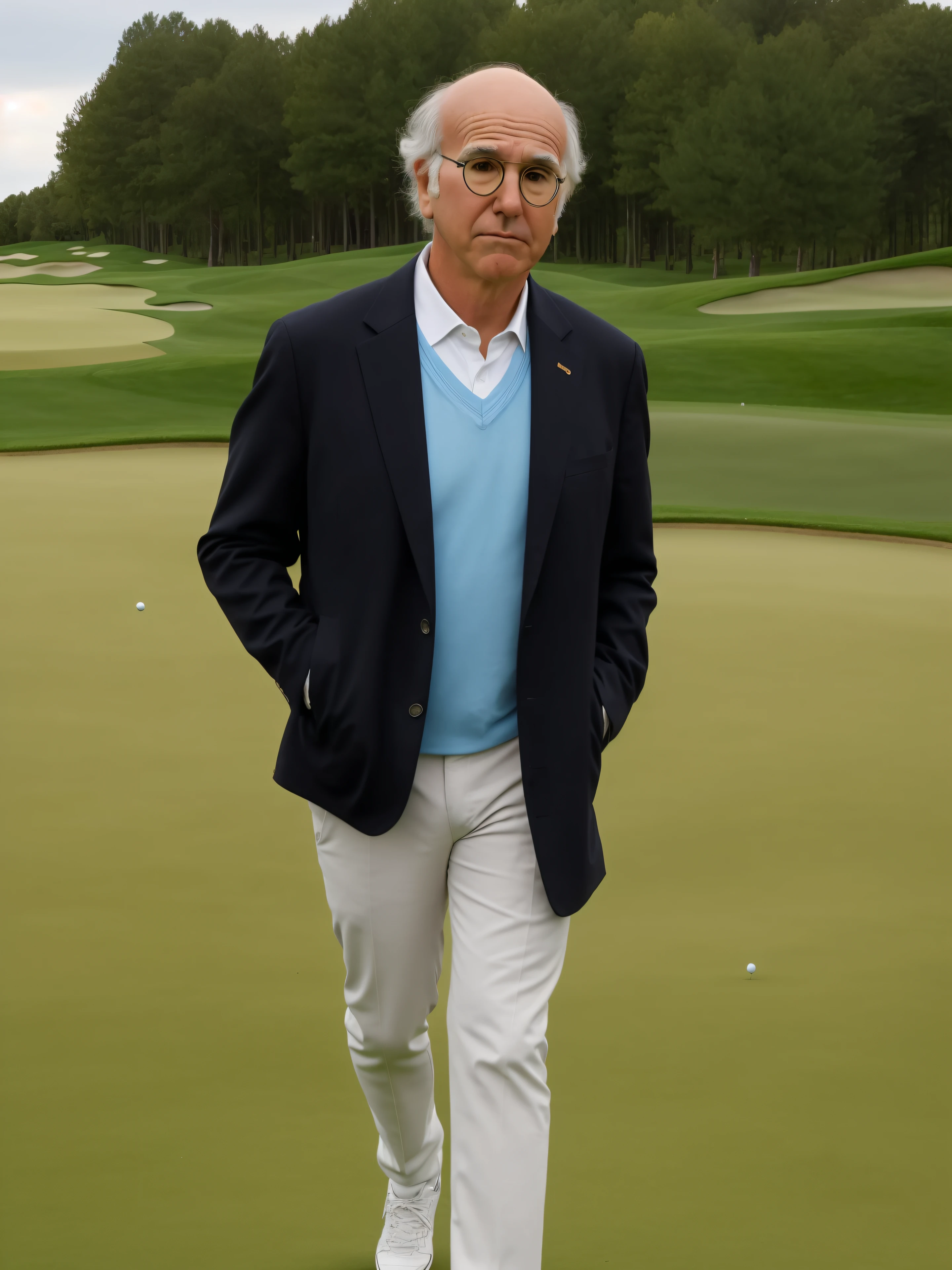 larrydavid, 1man, male focus, cowboy shot, frowning, on a golf course, black jacket, white pants, blue sneakers, black swan behind him