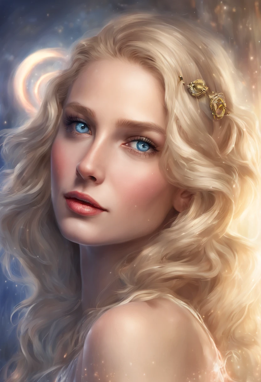 a magnificent woman, blonde, blue eyes, thin, ultra-realistic face, she is located in the center of the photo, a luminous halo around her, underneath is written "CHERRY her Majesty"