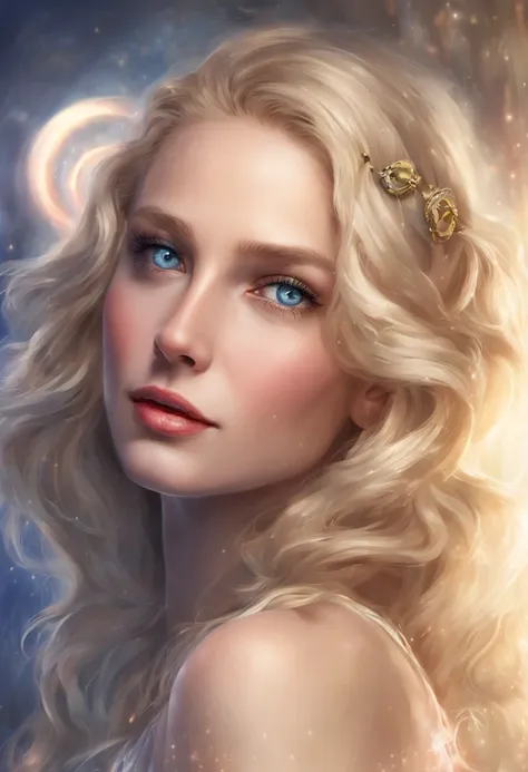 a magnificent woman, blonde, blue eyes, thin, ultra-realistic face, she is located in the center of the photo, a luminous halo a...