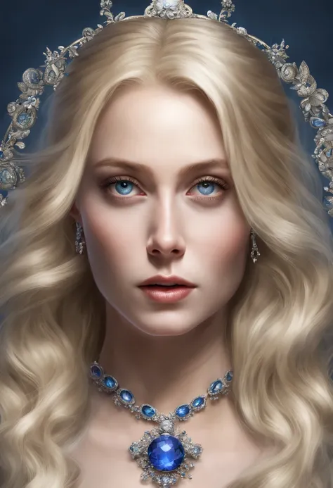 a magnificent woman, blonde, blue eyes, thin, ultra-realistic face, she is located in the center of the photo, a luminous halo a...