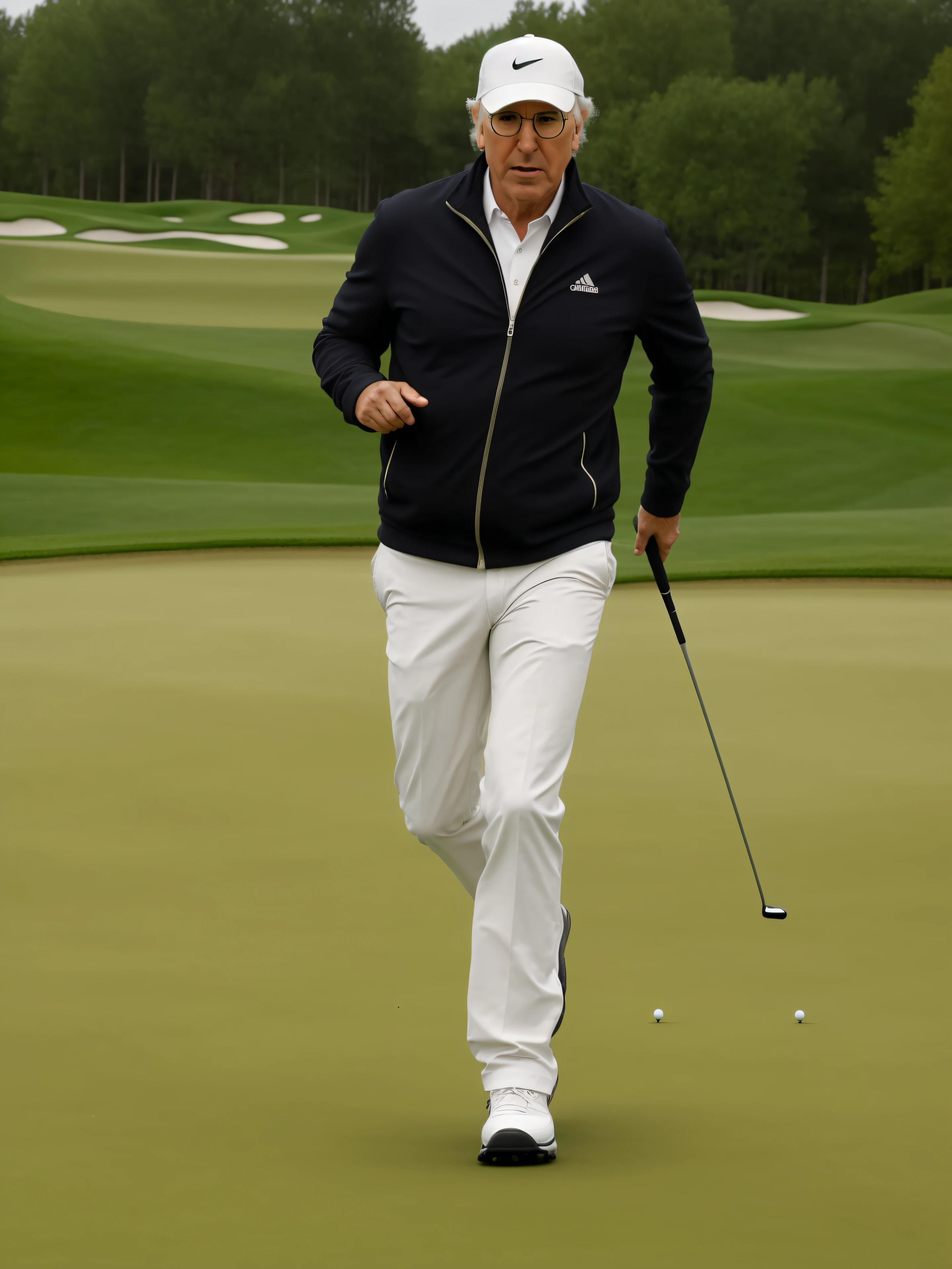 larrydavid, 1man, male focus, cowboy shot, scared, running, on a golf course, black jacket, white pants, blue footwear, ((huge black swan))