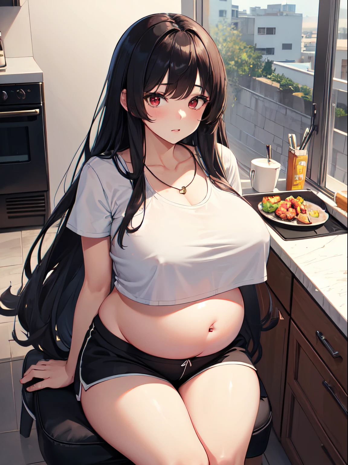 1girl, red eyes, black long hair, pregnant body, white crop top, short house shorts, kitchen, sitting, massive pregnant belly, girl stroking her belly, slight excess weight