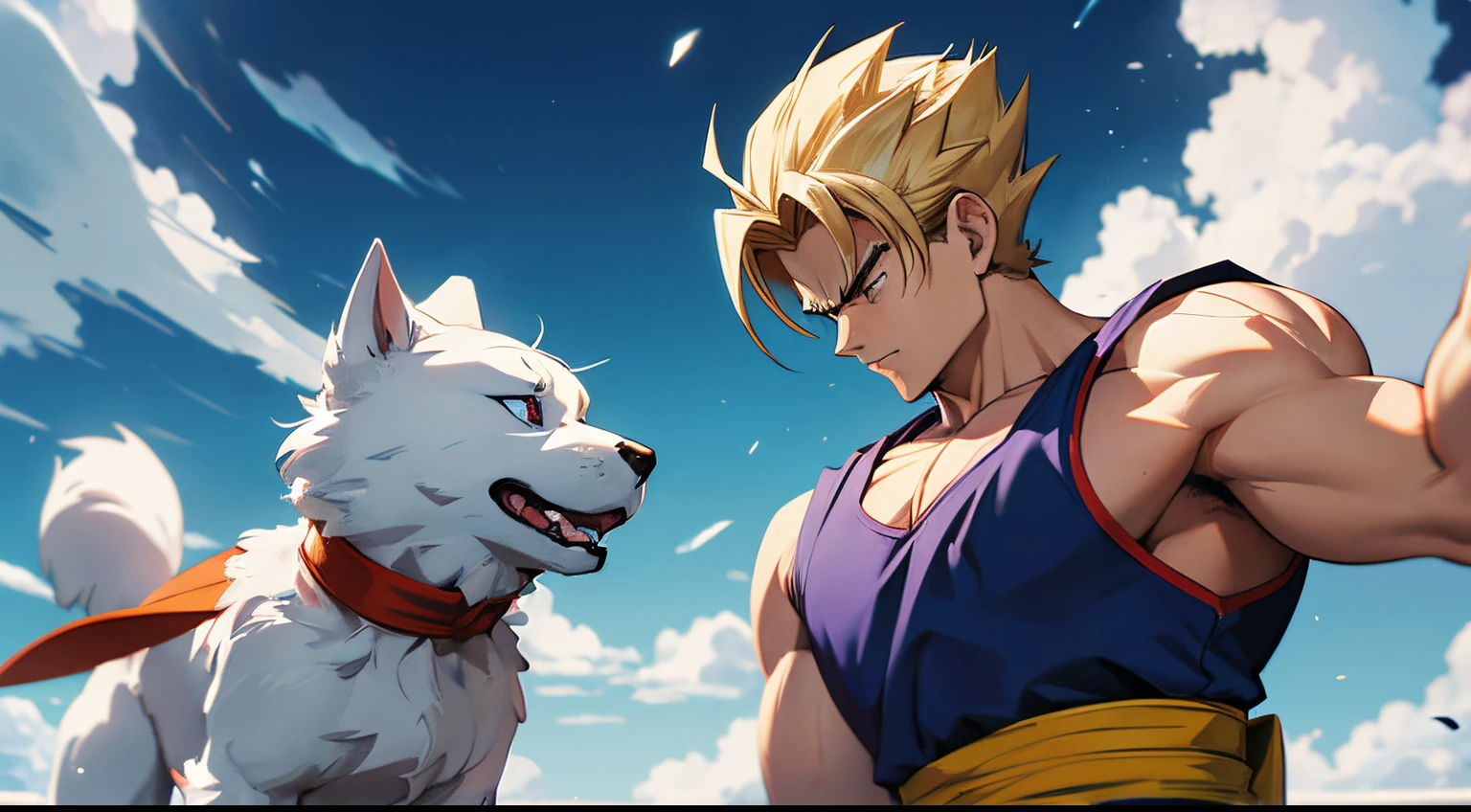 cartoon super hero gohan father and white dog together fighting a gundam