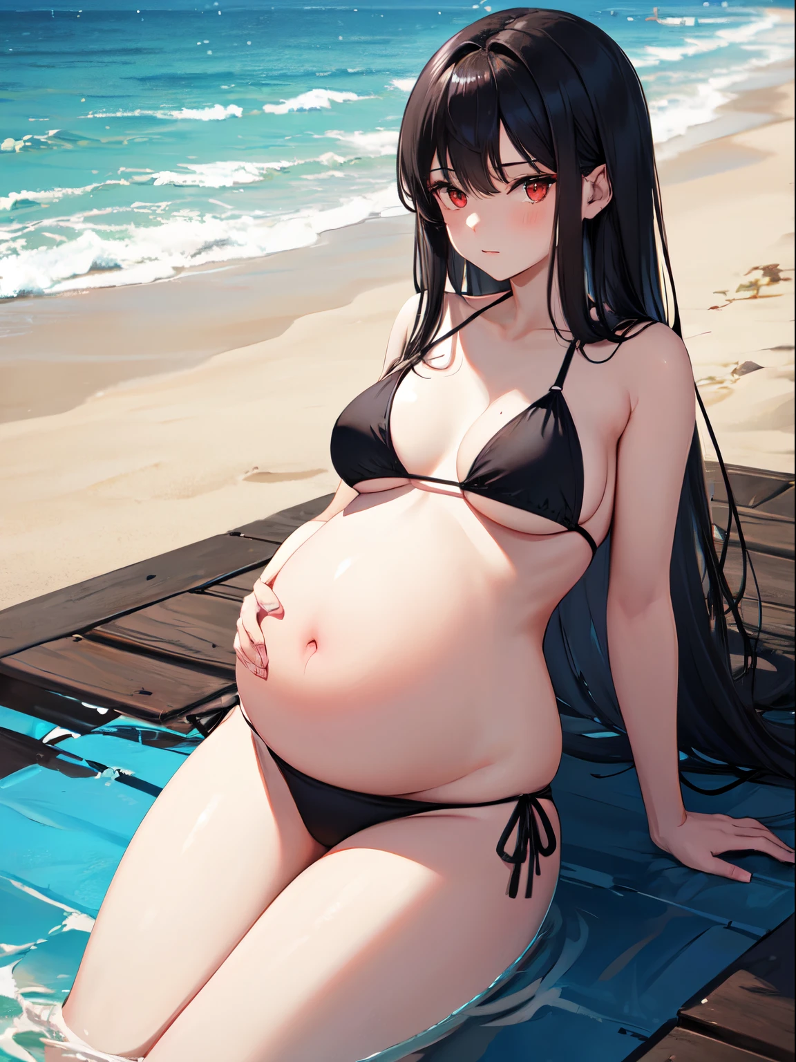 1girl, red eyes, black long hair, black bikini, pregnant body, thighs, sea, beach