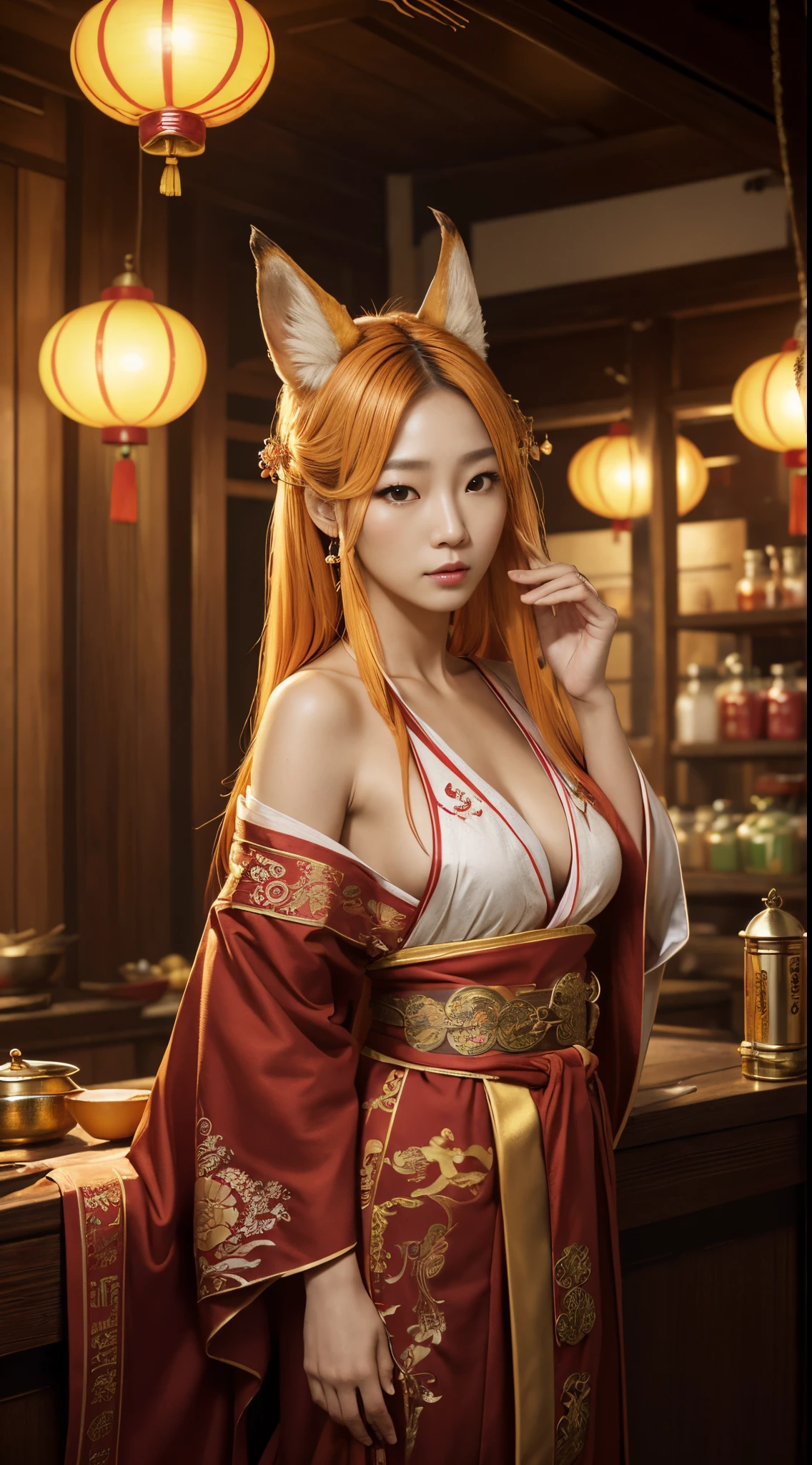 (One Person), (Masterpiece, Best Quality), (A Gorgeous 36 Years Old Korean Gumiho Herbalist), (Nine-Tailed Fox Ears and Tail), (Golden Fox Eyes), (Fair Skin), (Wearing Red Traditional Herbalist Robe), (Hidden Apothecary in Chinatown), (Dynamic Pose), Centered, (Half Body Shot:1.4), From Front Shot, Insane Details, Intricate Face Detail, Intricate Hand Details, Cinematic Shot and Lighting, Realistic and Vibrant Colors, Masterpiece, Sharp Focus, Highly Detailed, Taken with DSLR camera, Depth of Field, Realistic Environment and Scene, Master Composition and Cinematography