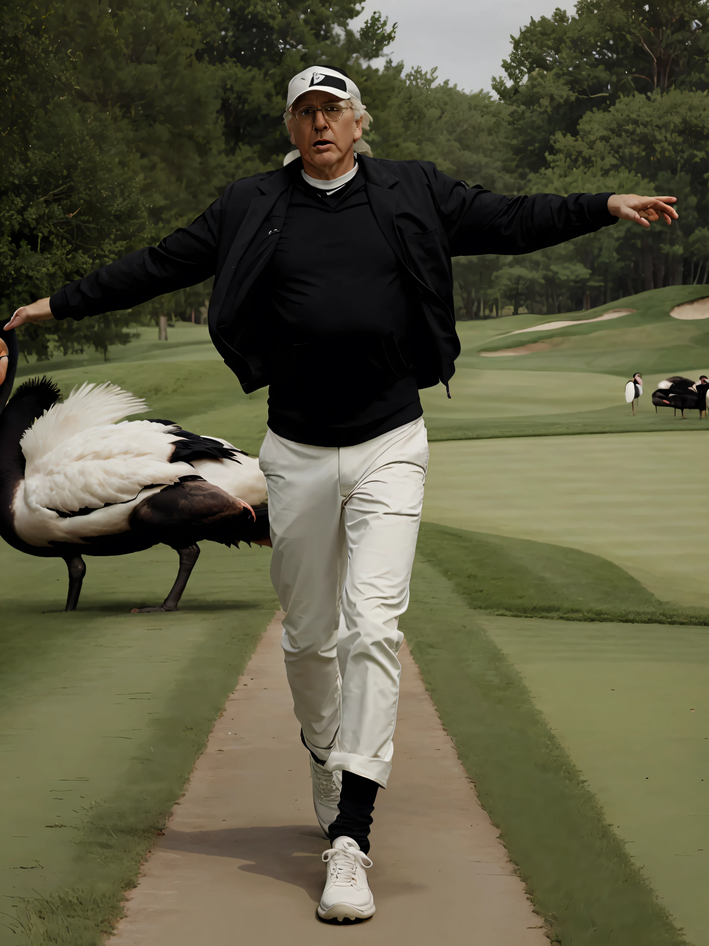 (masterpiece, best quality:1.2) larrydavid, 1man, male focus, cowboy shot, scared, running, black jacket, white pants, white sneakers, golf course ((huge black swan:1.3))