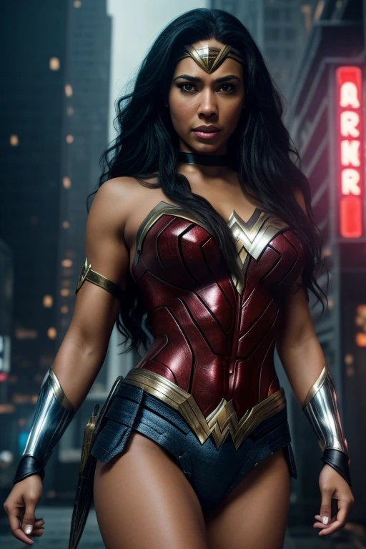 a beautiful super sexy realistic black wonder woman, big firm breasts, super detailed, cyberpunk costume, cinematic, photo, sexy, high quality, 8k.